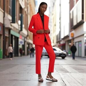 THEORY NWT Treeca 'Good Linen' Pull-On Pants Scarlet Red Eco Crunch Wash Office